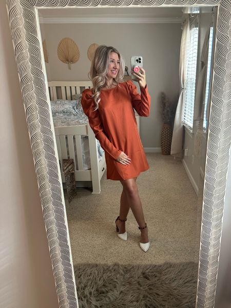 Solid puff  Sleeve Keyhole Back Dress in burnt orange. It was $5 on SheIn. Linked a few other styles that look similar 😌

#LTKHoliday #LTKbump #LTKunder50