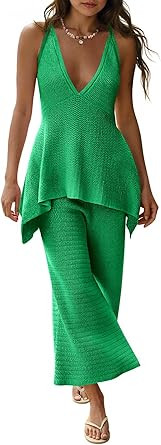 Tankaneo Womens 2 Piece Knit Sets Summer Vacation Outfits Deep V Neck Flowy Tank Tops Wide Leg Pa... | Amazon (US)