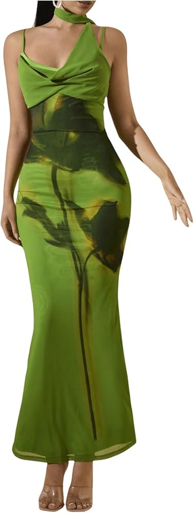 Verdusa Women's Floral Print Bodycon Fishtail Long Dress Sleeveless Draped Neck Halter Dress with... | Amazon (US)