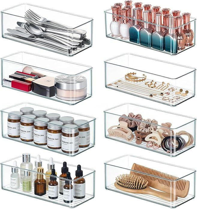 Qilinba 8 PACK Clear Stackable Drawer Organizer Bins, Plastic Organizer Bins for Cutlery Vanity Storage Tray for Bathroom Kitchen Office Desk Organizing | Amazon (US)