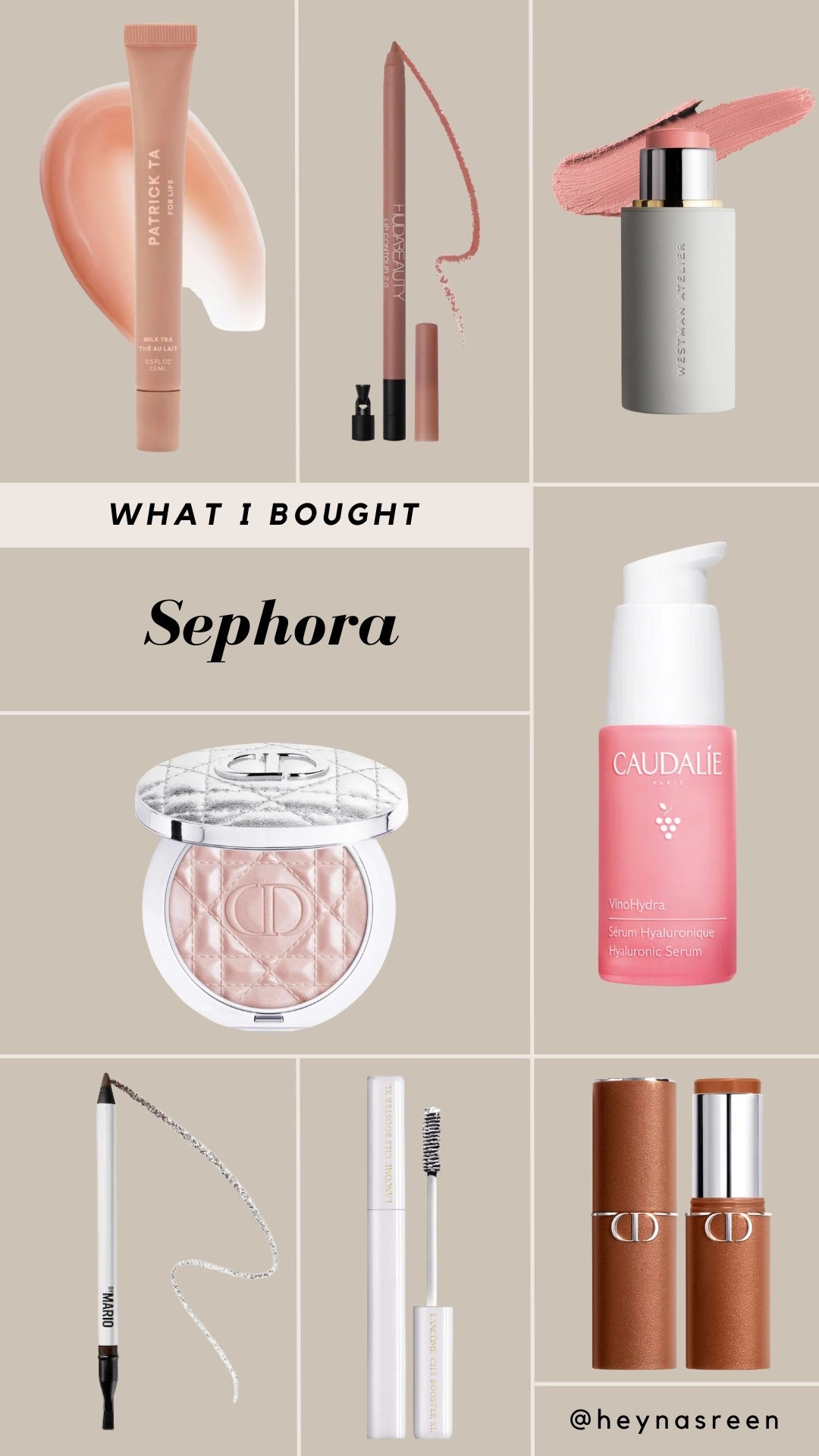 My latest Sephora haul!
Shades:
Patrick Ta lip balm in milk tea
Huda beauty lip pencil in honey beige
Westman Atelier blush stick in nude peach 
 Dior highlighter in pink halo 
Makeup by Mario eye pencil in perfect brown 
Dior bronzing stick in medium tan 