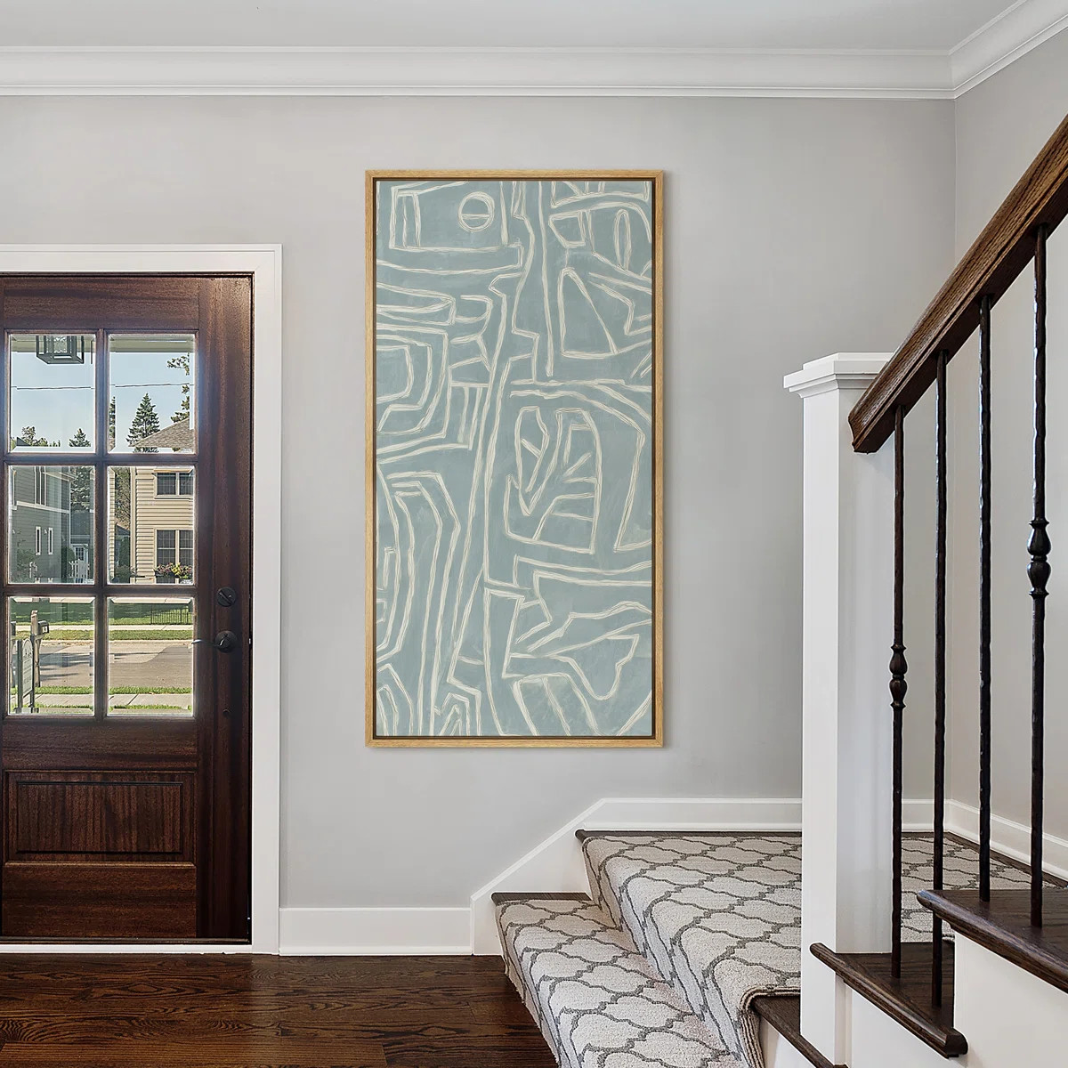 Light Blue Geometric Patterned Abstract - Large Framed Canvas Master Bedroom Wall Art Print | Wayfair North America