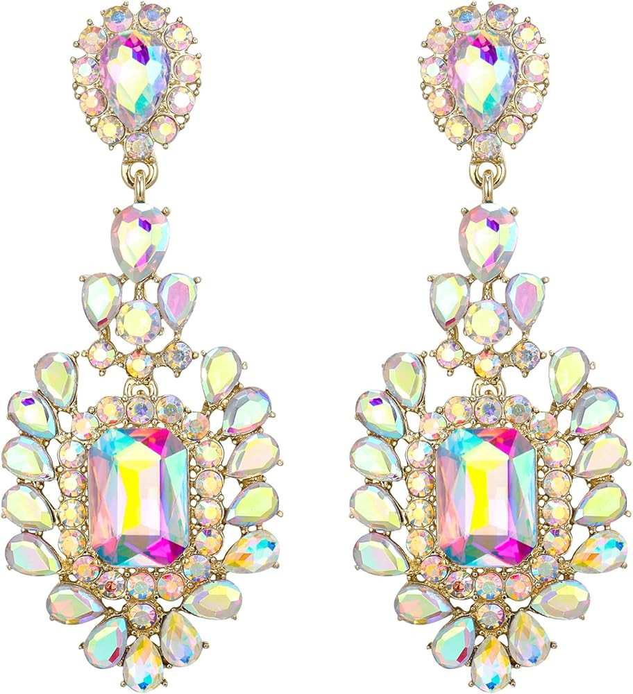 Bridal Crystal Statement Dangle Earrings for Bride, Vintage Art Deco Prom Party Square Shaped Rhi... | Amazon (US)