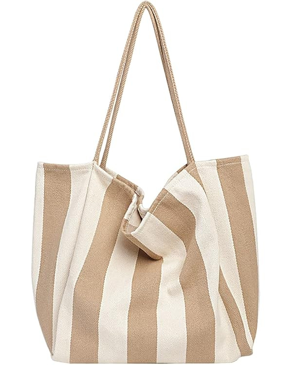 Striped Canvas Tote Handbag for Women Vertical Stripe Large Capacity Shoulder Bag for Shopping Tr... | Amazon (US)