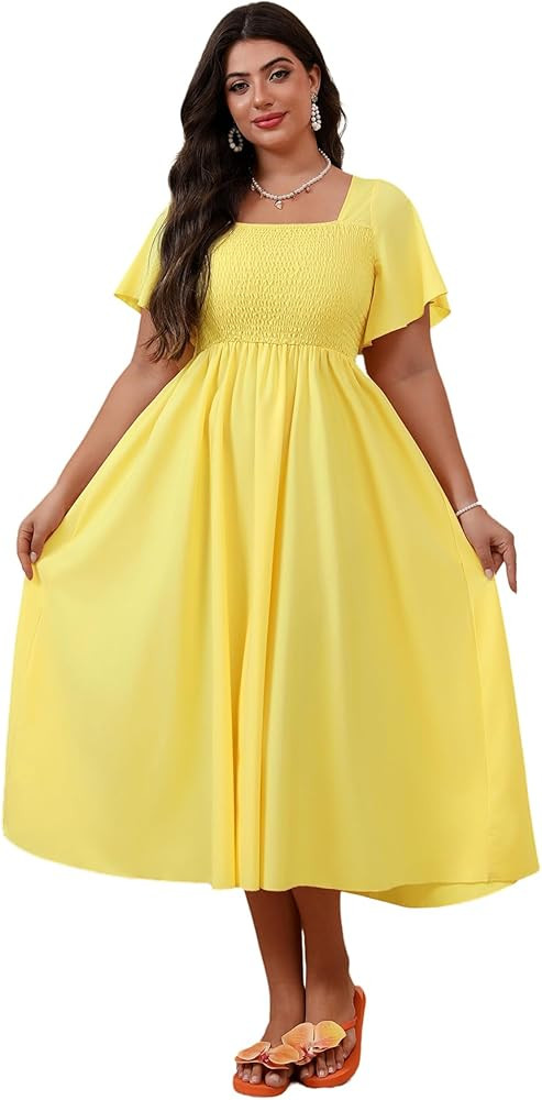 Floerns Women's Plus Size Floral Square Neck Flounce Short Sleeve A Line Maxi Dress | Amazon (US)