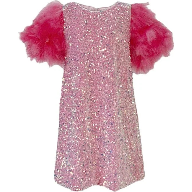 Lola + The Boys | Feather Puff Sleeve Sequin Party Dress, (Rose Pink, Size 14Y) | Maisonette | Maisonette