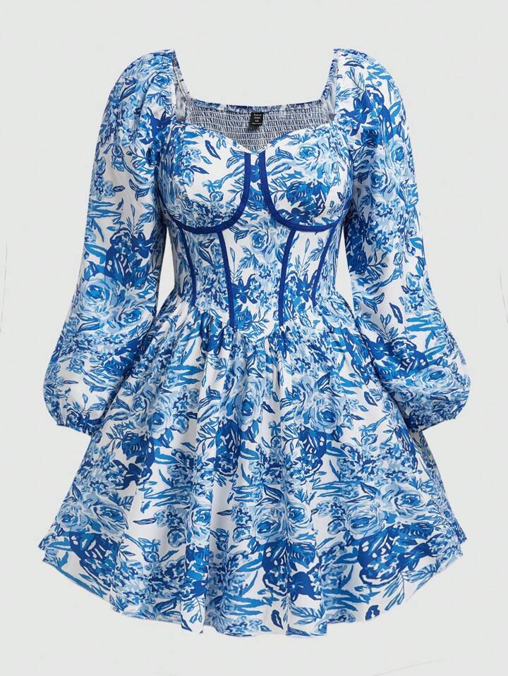 SHEIN MOD Floral Pattern Lantern Sleeve Dress | SHEIN