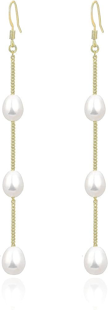 18K Gold Long Pearl Earrings Baroque Drop Dangle Earrings for Women Statement Cuban Chain Dainty ... | Amazon (US)