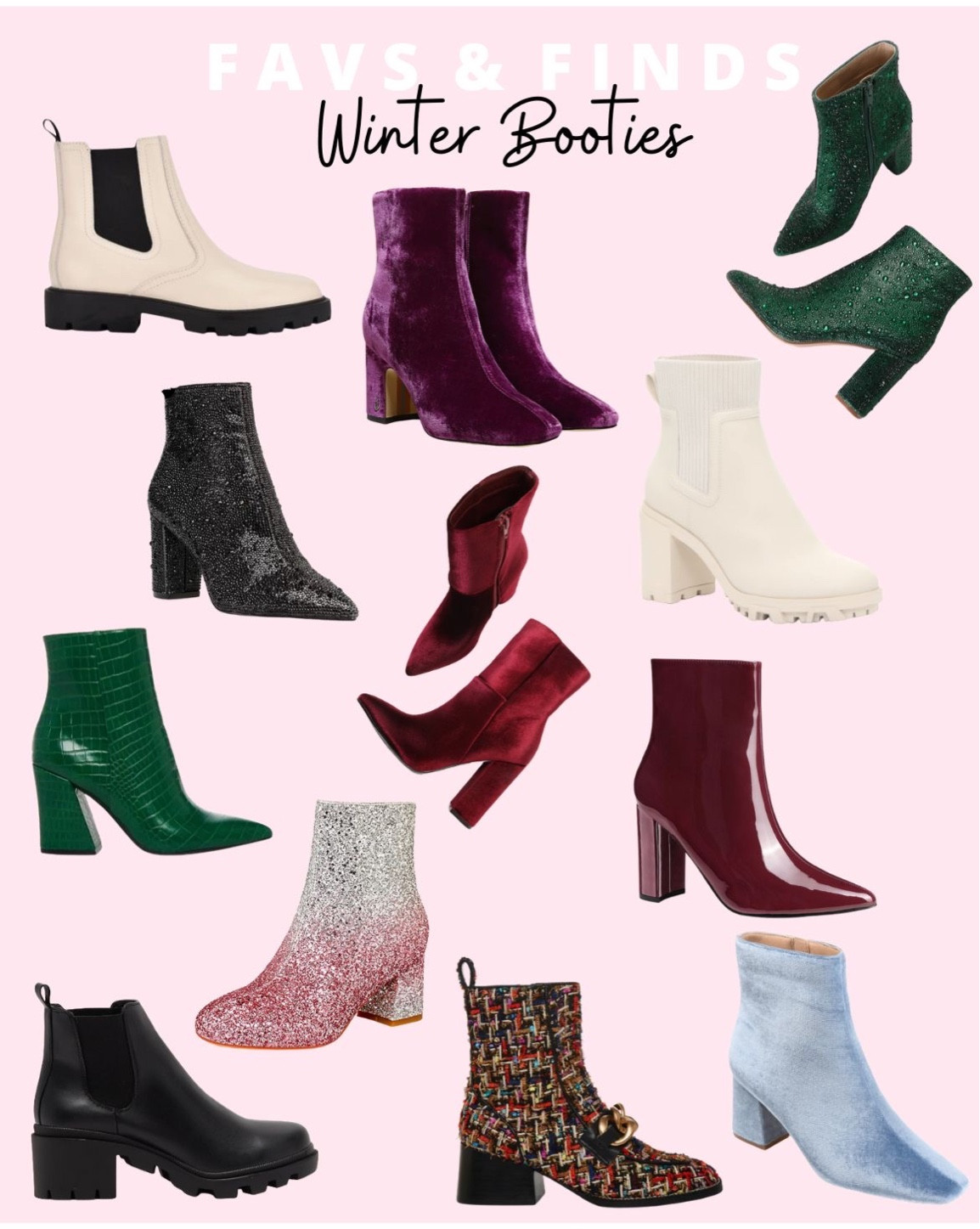 Winter Booties: cream Chelsea boots, purple velvet heeled booties, emerald glitter booties, white chunky chelsea sock booties, maroon leather heeled booties, light blur velvet booties, tweed chain boots, pink and silver hombre glitter booties, chunky black leather chelsea boots, green alligator chunky heel, black glitter heel bootie.

Holiday boots, Christmas boots, the perfect shoes to top of your holiday party or New Year’s Eve look.

#LTKHoliday #LTKshoecrush #LTKSeasonal