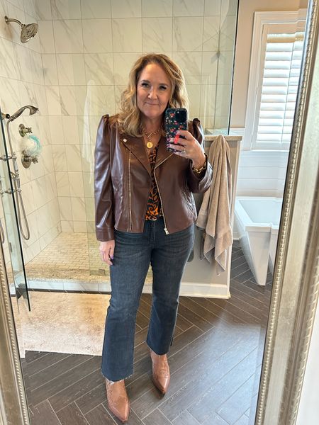 Early fall. Layer a lightweight blouse under your jacket. 
Jacket size 2.5 petite and leaves room for a heavier layer. 
Blouse on major sale. Has a matching skirt. 
Grey jeans size 31. I am engaging a lot of stretch so get your reg/larger size if you want them looser. 15% off with code NANETTE15 
A brown bootie is a must. I size up 1/2 in boots 

#LTKmidsize #LTKSeasonal #LTKover40
