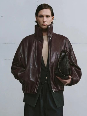 Zip Front Boxy Burgundy High Collar Long Sleeve Jacket | Urban Revivo
