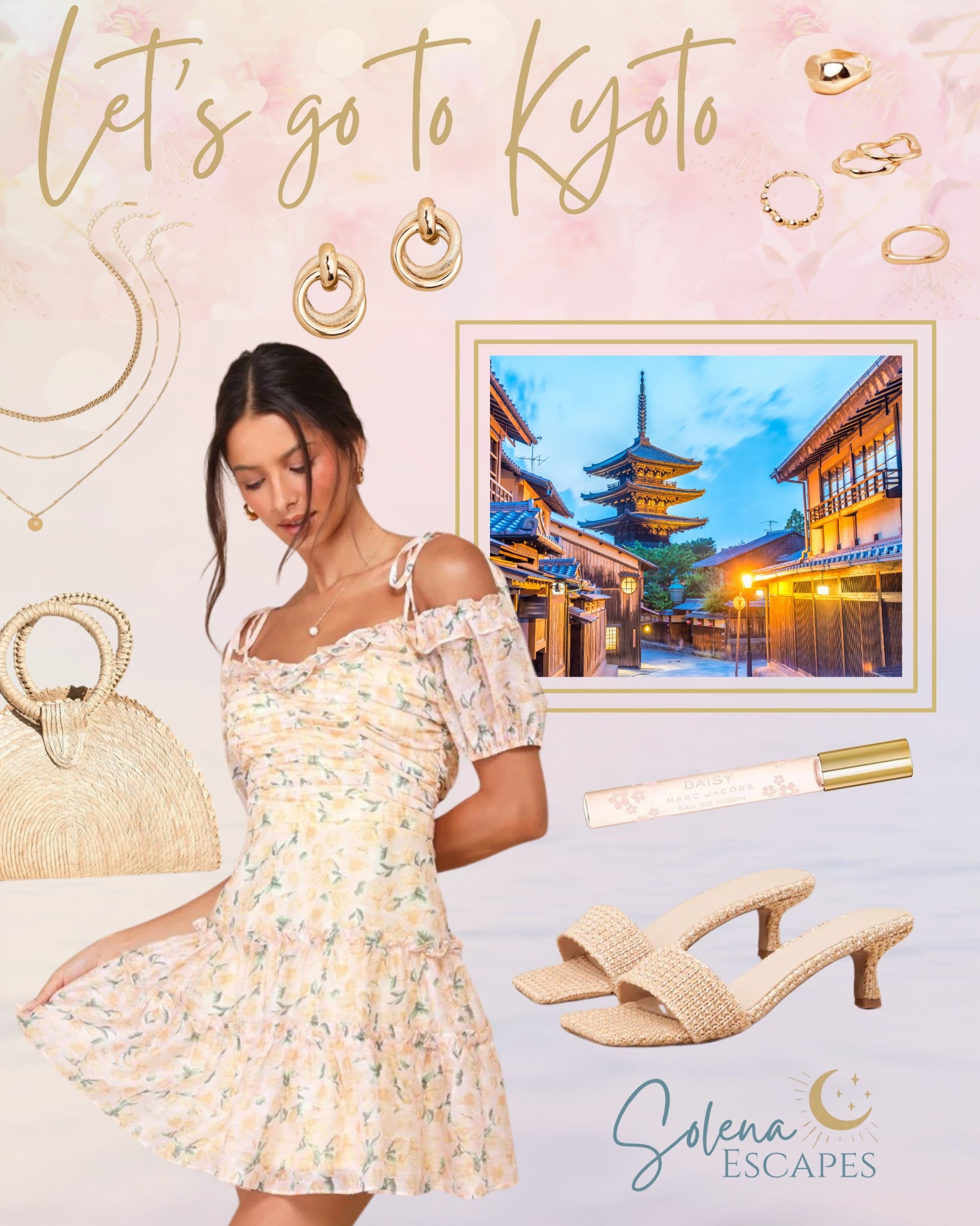 Channeling full spring romance in this soft floral puff-sleeve dress for a dreamy day among Kyoto’s blossoms.

The raffia textures in the heels and straw bag keep it feeling natural and light, while dainty layered jewelry finishes the look without overpowering.

A soft cardigan or linen wrap would make this look ideal for cooler mornings. Would you wear this to a tea garden?

#KyotoInBloom 
#LTKspringstyle 
#SolenaEscapes #RomanticTravelLooks #CherryBlossomSeason #TeaGardenLook 
#FloralStyleEdit 
#SummerStyle
#MiniDress
#FloralDress

#LTKTravel #LTKSeasonal #LTKFindsUnder50