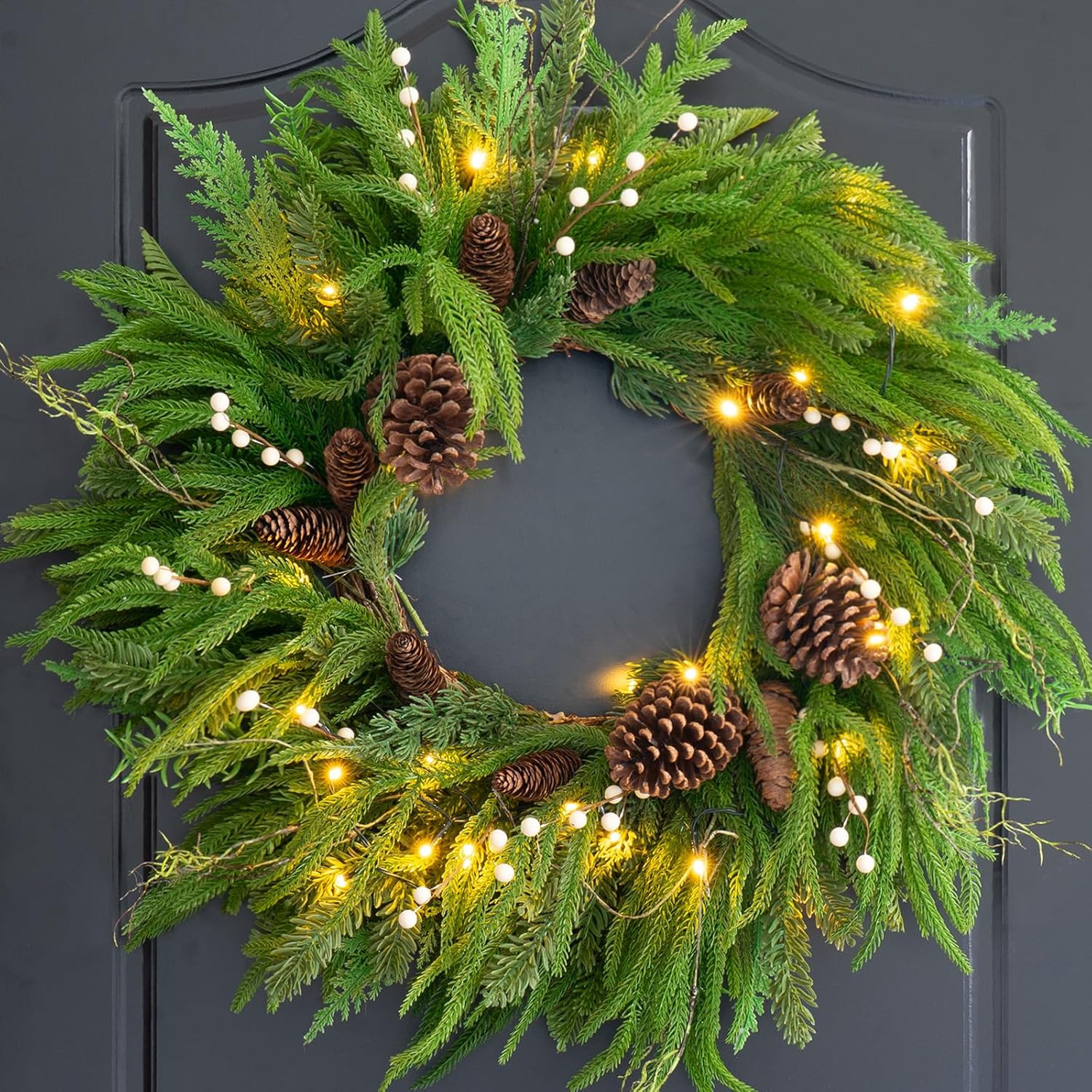 Prelit Christmas Wreaths for Front Door 24 Inch- Real Touch Norfolk Pine Wreath with Lights,Green... | Amazon (US)