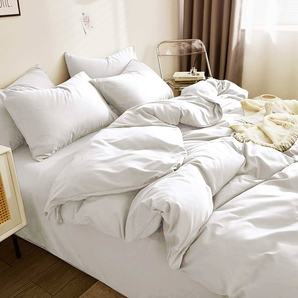 Nanko Queen Duvet Cover Set White , 90x90 Soft Bedding Cover, 3 Peices with Zip, Ties - Modern St... | Amazon (US)