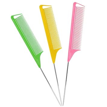 Rat Tail Combs Set: 3Pcs Long Steel Pin Teasing Combs for Salon Hair Stylists, Metal Parting Comb... | Amazon (US)