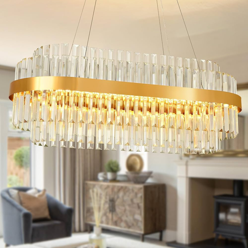 Modern Crystal Chandelier Gold, LED 3-Color Change Pendant Lights Fixture, Oval Crystal Hanging L... | Amazon (US)