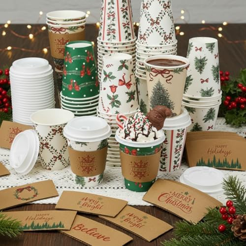 Gueevin 72 Set/ 216 Pcs Christmas Paper Cups Disposable 12 oz Christmas Coffee Cups with Lids and... | Amazon (US)