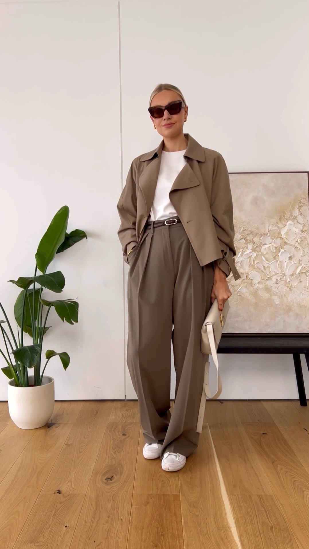 How to change your outfit, Outfit inspiration, neutral style, wardobe staples, white T-shirt, tan trousers, cropped trench jacket, DeMellier bag, white converse, Tods Loafers 

#LTKSeasonal #LTKstyletip #LTKeurope