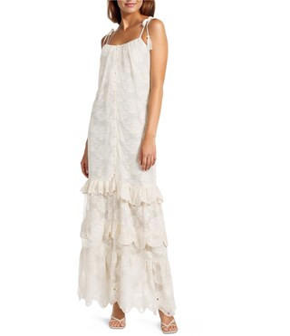 Woven Embroidered Lace Sqaure Neck Spaghetti Tie Strap Button Front Tiered Flounce Maxi Dress | Dillard's