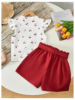 Girl's 2 Piece Cute Outfits Cherry Print Ruffle Cap Sleeve Tee Tops and Elastic Waist Bow Shorts ... | Amazon (US)