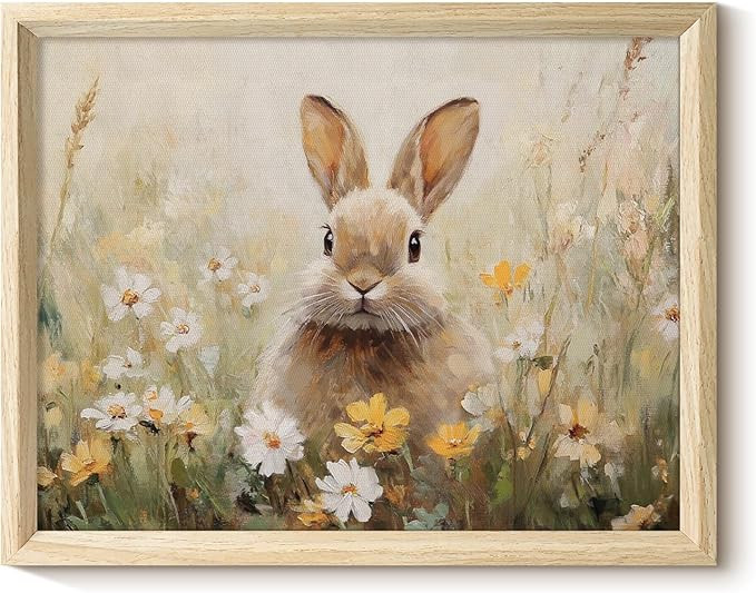 VIYYIEA Funny Easter Bunny Wooden Textures Framed Wall Art, Cute Rabbit in Wildflowers Canvas Pri... | Amazon (US)