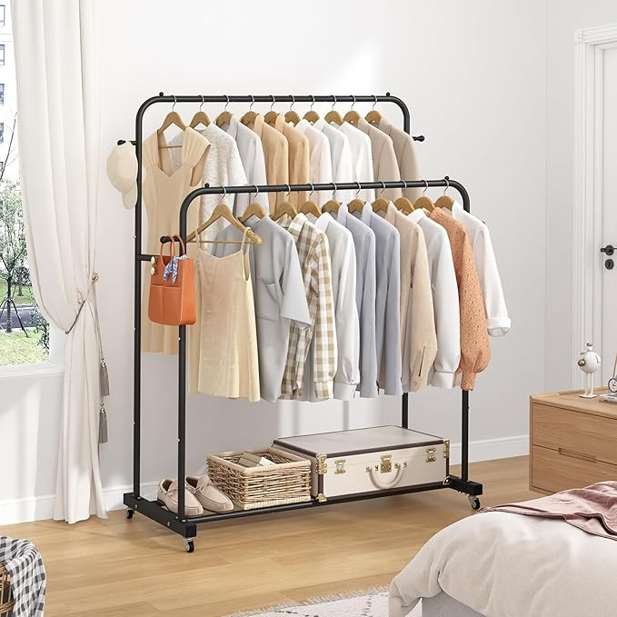 Laiensia Double Rods Garment Rack with Wheels, Clothing Rack for Hanging Clothes,4 Hooks, Multi-f... | Amazon (US)