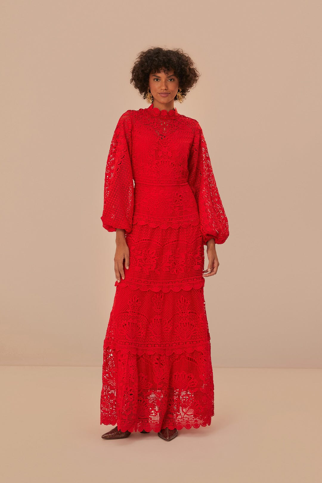 Red Guipire Long Sleeve Maxi Dress | FarmRio (US)