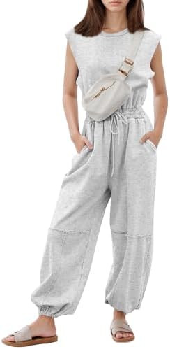 Flygo Womens Casual Jumpsuit Crewneck Cap Sleeve Long Wide Leg Pants One Piece Outfits Drawstring... | Amazon (US)