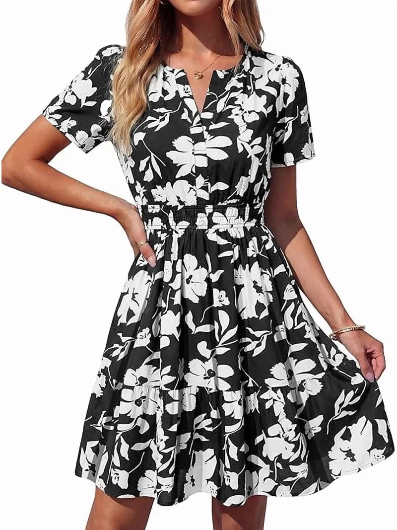 BTFBM Summer Dresses for Women Lightweight Casual Short Sleeve Floral Mini Dress A Line Beach Vac... | Walmart (US)