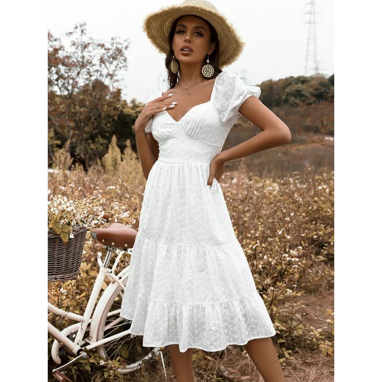 Boho Women's Eyelet Embroidery Sweetheart Neck Ruffle Hem Dress 2022 White M(6) S063004X | Walmart (US)
