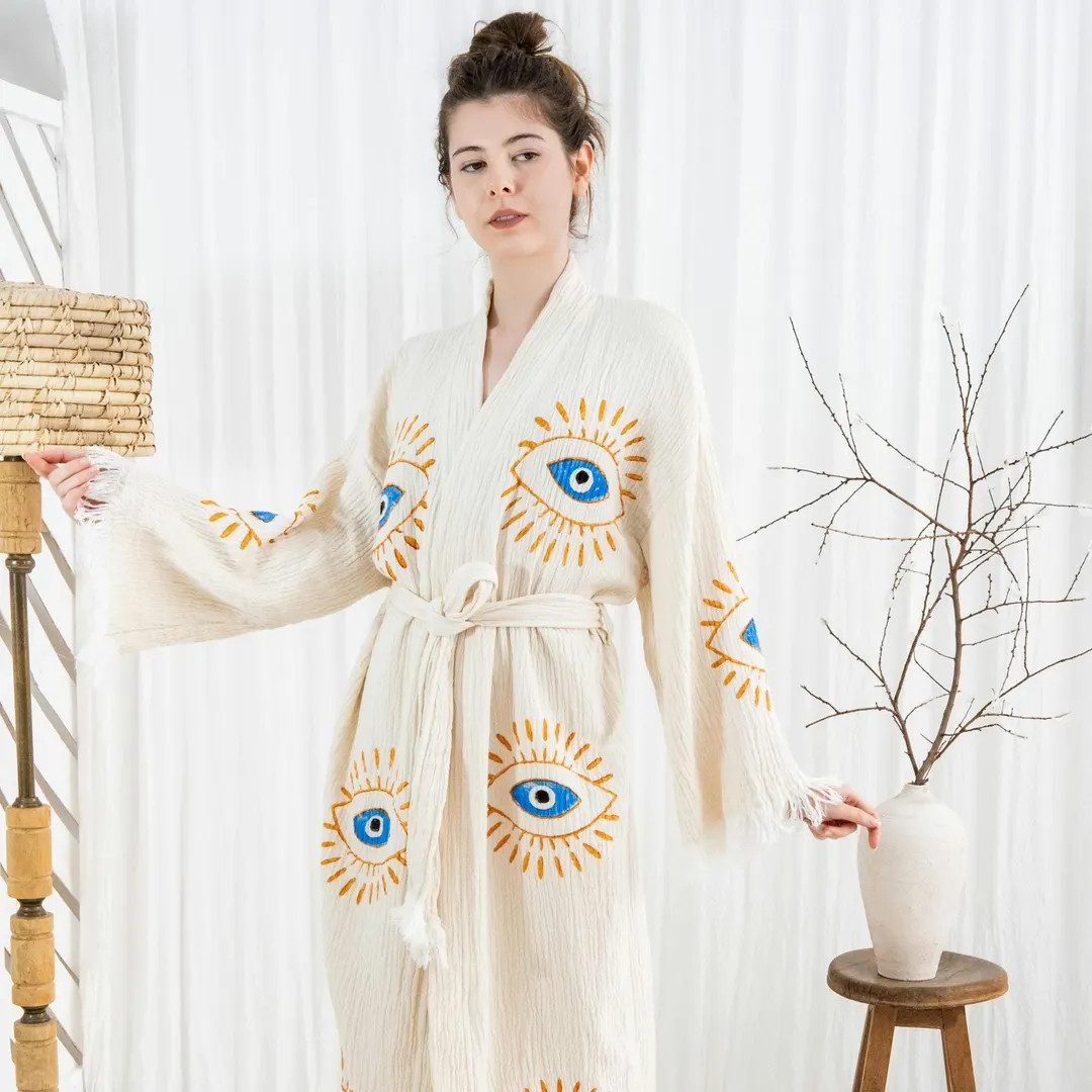 Handmade Evil Eye Muslin Kimono: Organic Cotton Boho Robe - Etsy | Etsy (US)