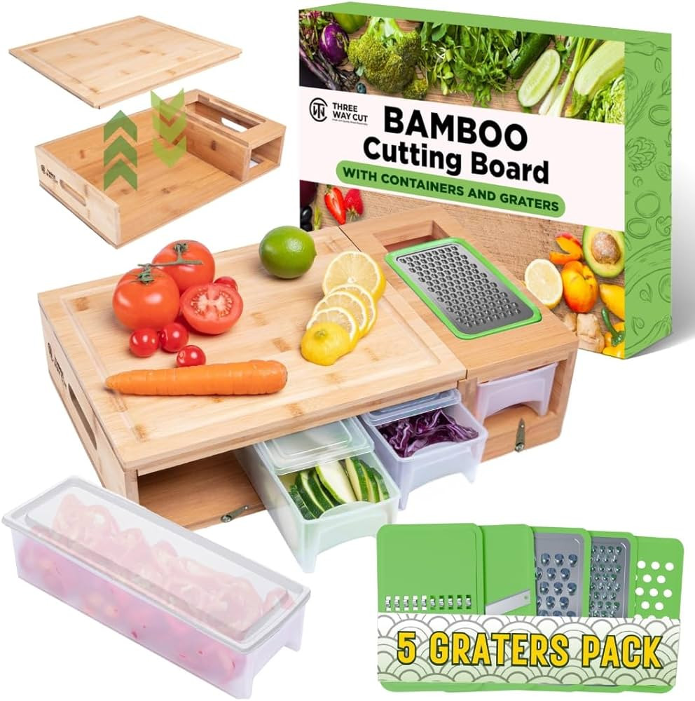 Bamboo Cutting Board With Containers & 5 Graters- Meal Prep Station With Removable Board, Breakfa... | Amazon (US)