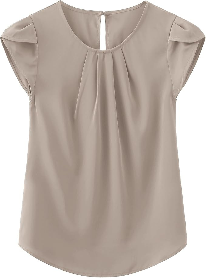 TASAMO Women's Casual Round Neck Basic Pleated Top Cap Sleeve Curved Keyhole Back Chiffon Blouse | Amazon (US)