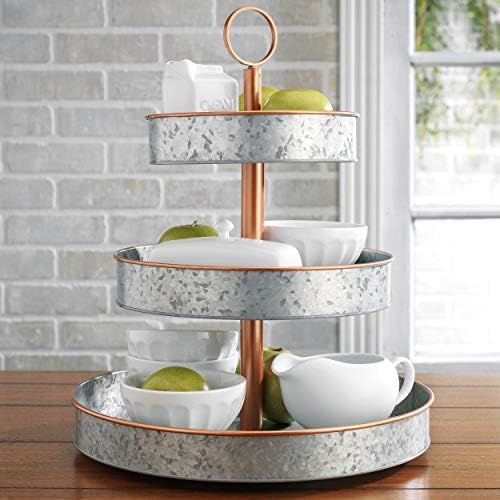 HH Farmhouse Style Copper Rim - Rustic Kitchen Vintage Galvanized 3 Tier Serving Tray, Coffee Bar... | Amazon (US)