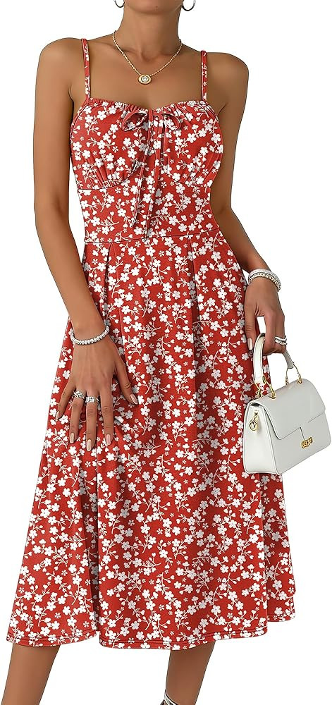 Caracilia Summer Dresses for Women Floral Corset Spaghetti Strap Milkmaid Midi Sundress 2026 Flow... | Amazon (US)