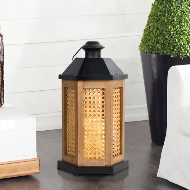 Better Homes & Gardens 12 Inch Natural Battery-operated Mixed Material Cane Lantern with Warm Whi... | Walmart (US)