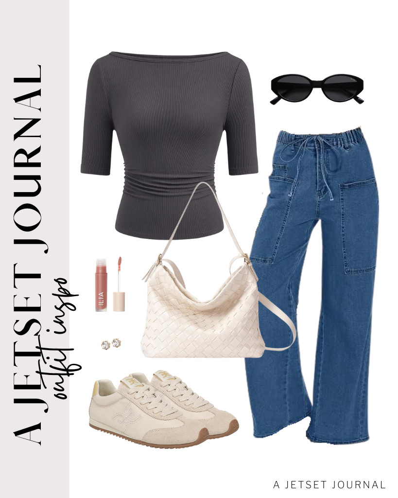 We are loving this dark gray boat-neck top that you can wear with high-waisted drawstring jeans. Sam Edelman’s Isella sneakers go well with this look, as does the YONGLEE ARTEE woven handbag. You can finish the look with SOJOS retro oval sunnies and a bit of ILIA lip gloss.

#LTKSeasonal #LTKSaleAlert #LTKTravel
 

 