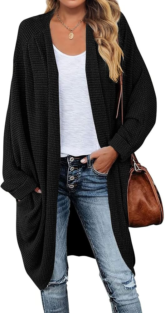 MEROKEETY Women's Waffle Knit Batwing Long Sleeve Cardigan Loose Open Front Sweater Coat | Amazon (US)