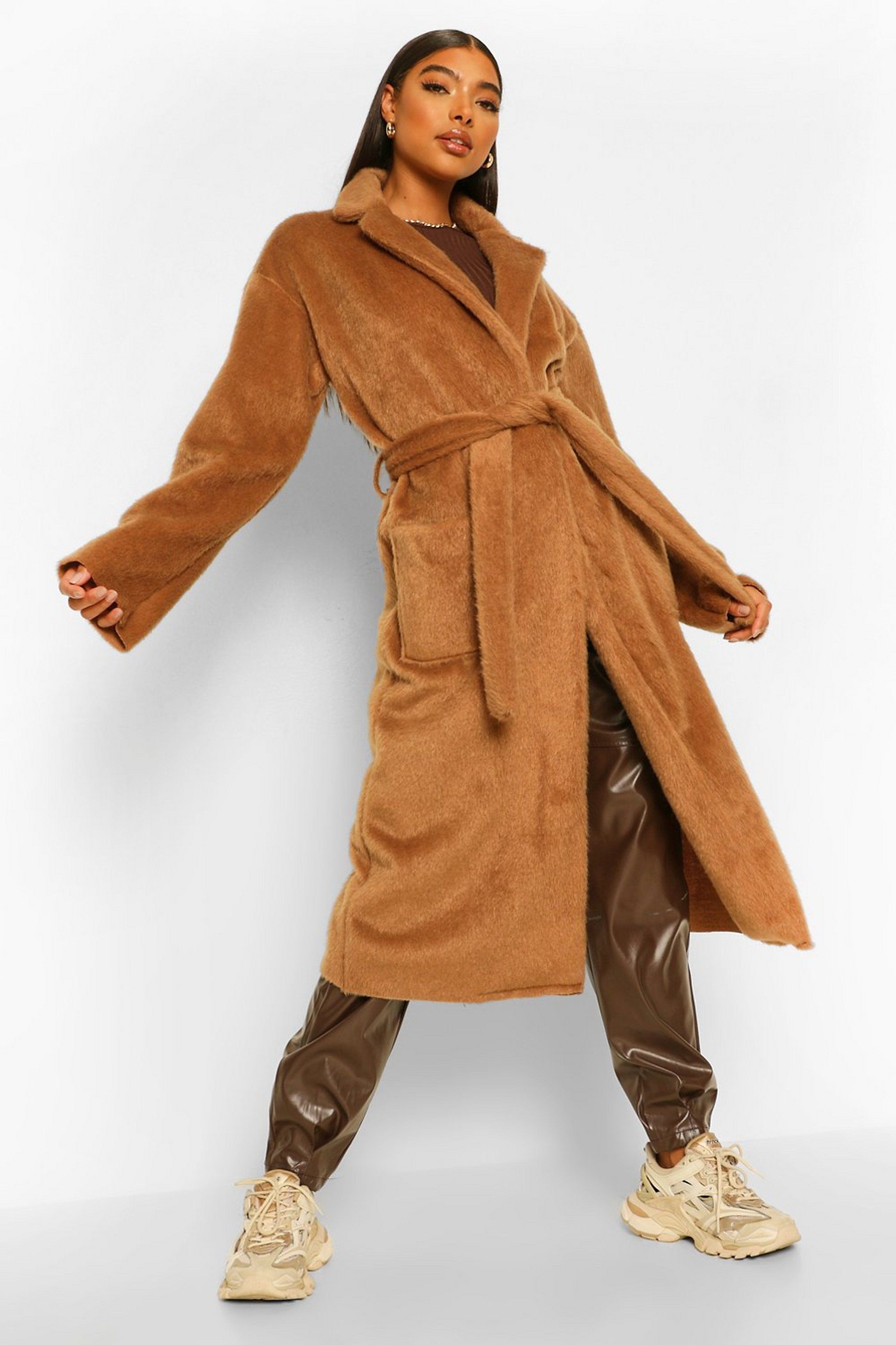 Tall Belted Longline Brushed Wool Look Coat | Boohoo.com (UK & IE)