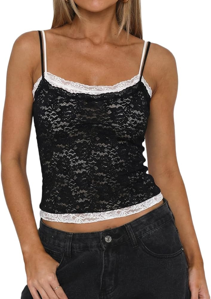 QINSEN Women's Double Layer Lace Camisole Tank Scoop Neck Summer Y2k Going Out Trendy Cami Shirt | Amazon (US)