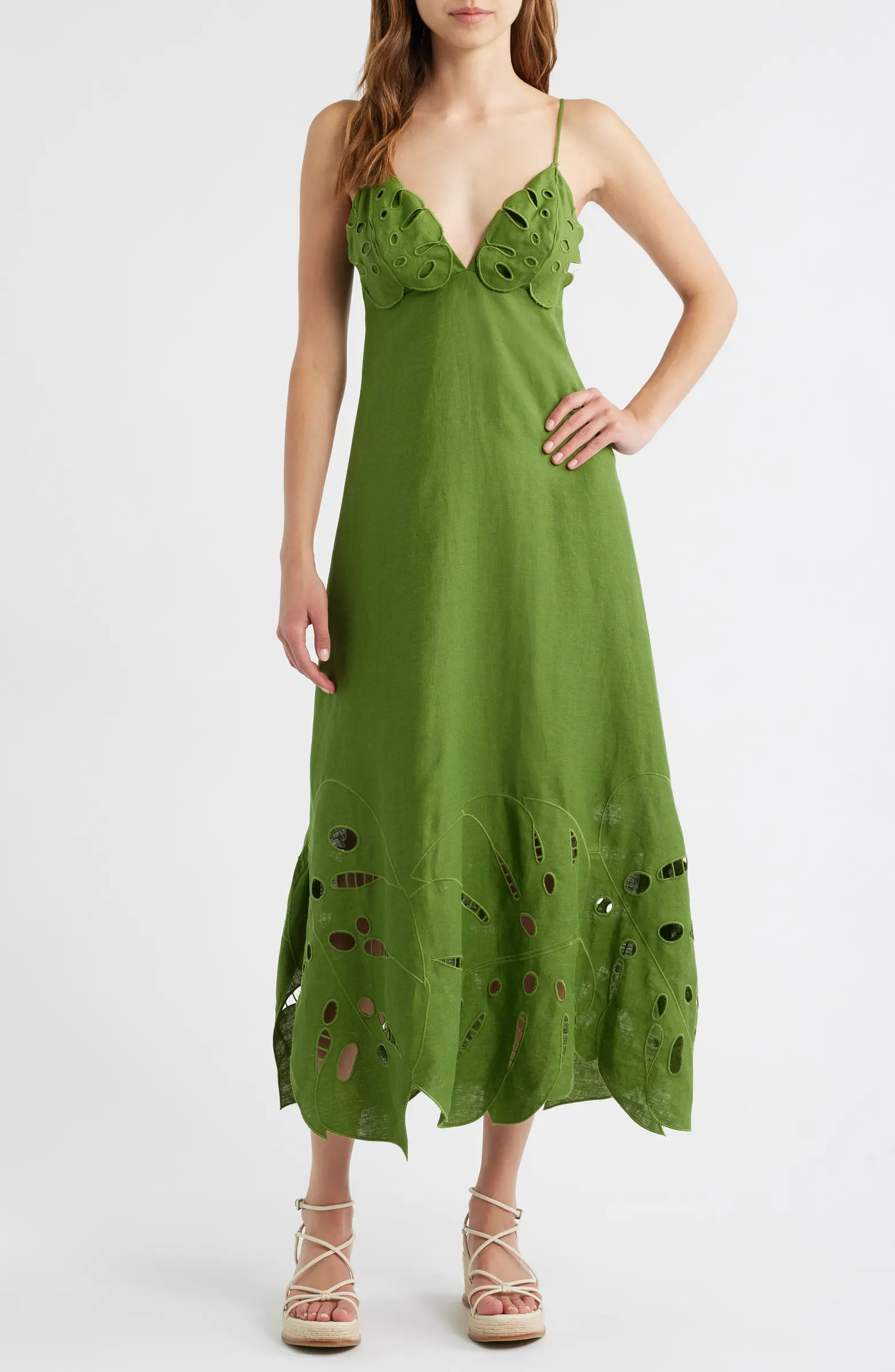 FARM Rio Monstera Embroidery Linen Midi Dress | Nordstrom | Nordstrom