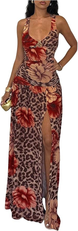 Floerns Women's Cheetah Tank Dress Sleeveless Floral Slit Going Out Maxi Dresses | Amazon (US)