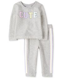 Toddler Girls Long Sleeve 'Cute' Sweatshirt And Rainbow Side Stripe Knit Jogger Pants Outfit Set | The Children's Place