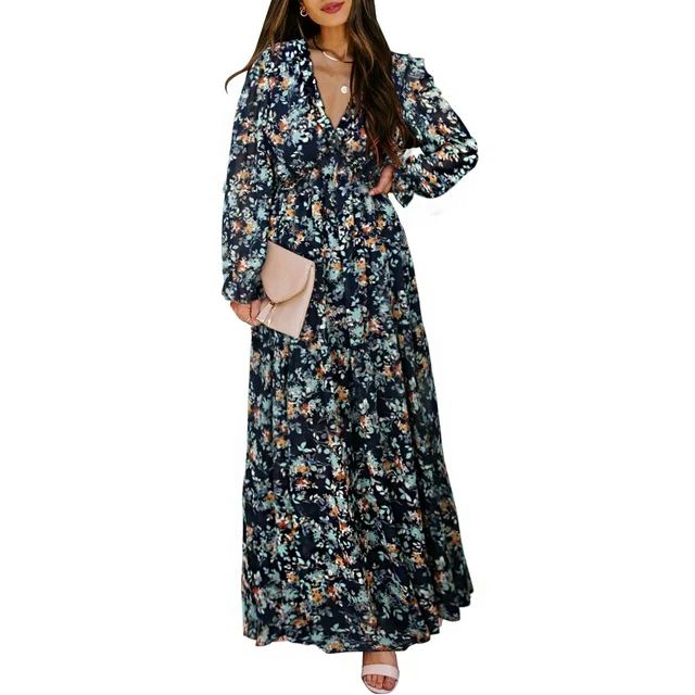 Dokotoo Women's Blue Chiffon Maxi Dresses Casual Loose V Collar Long Sleeves Fall Ankle-Length Dr... | Walmart (US)