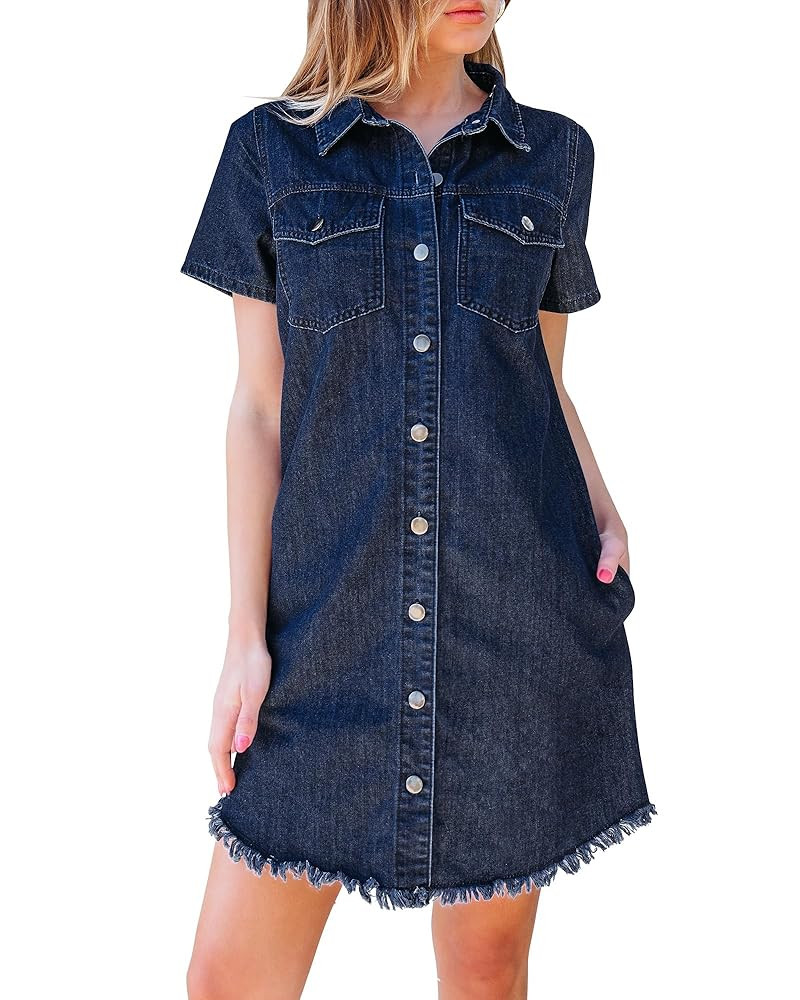luvamia Denim Dresses for Women Distressed Summer Short Sleeve Button Down Collared Raw Hem Jean ... | Amazon (US)