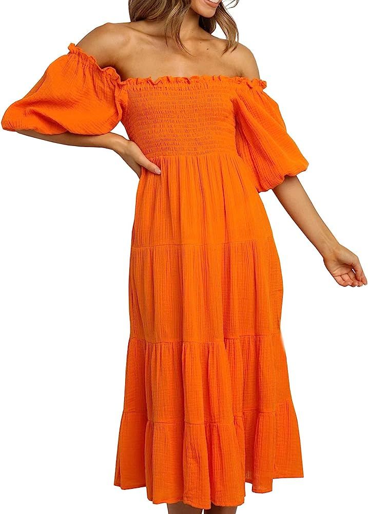 R.Vivimos Women's Summer Linen Lantern Sleeves Ruffled Off Shoulder A-Line Midi Dresses | Amazon (US)