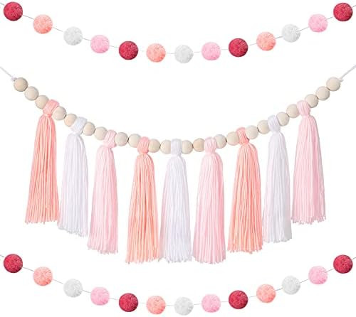 Boho Tassel Garland Tassel Wall Hanging Decor Pastel Tassel Banner with Wood Beads and 2 Pieces C... | Amazon (US)