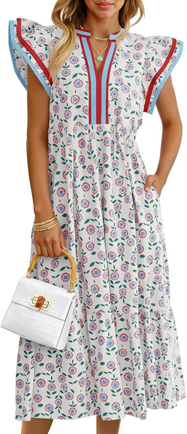 Wenrine Womens Summer Floral Midi Dresses Ruffle Cap Sleeve V Neck Flowy Boho Casual Beach Vacati... | Amazon (US)