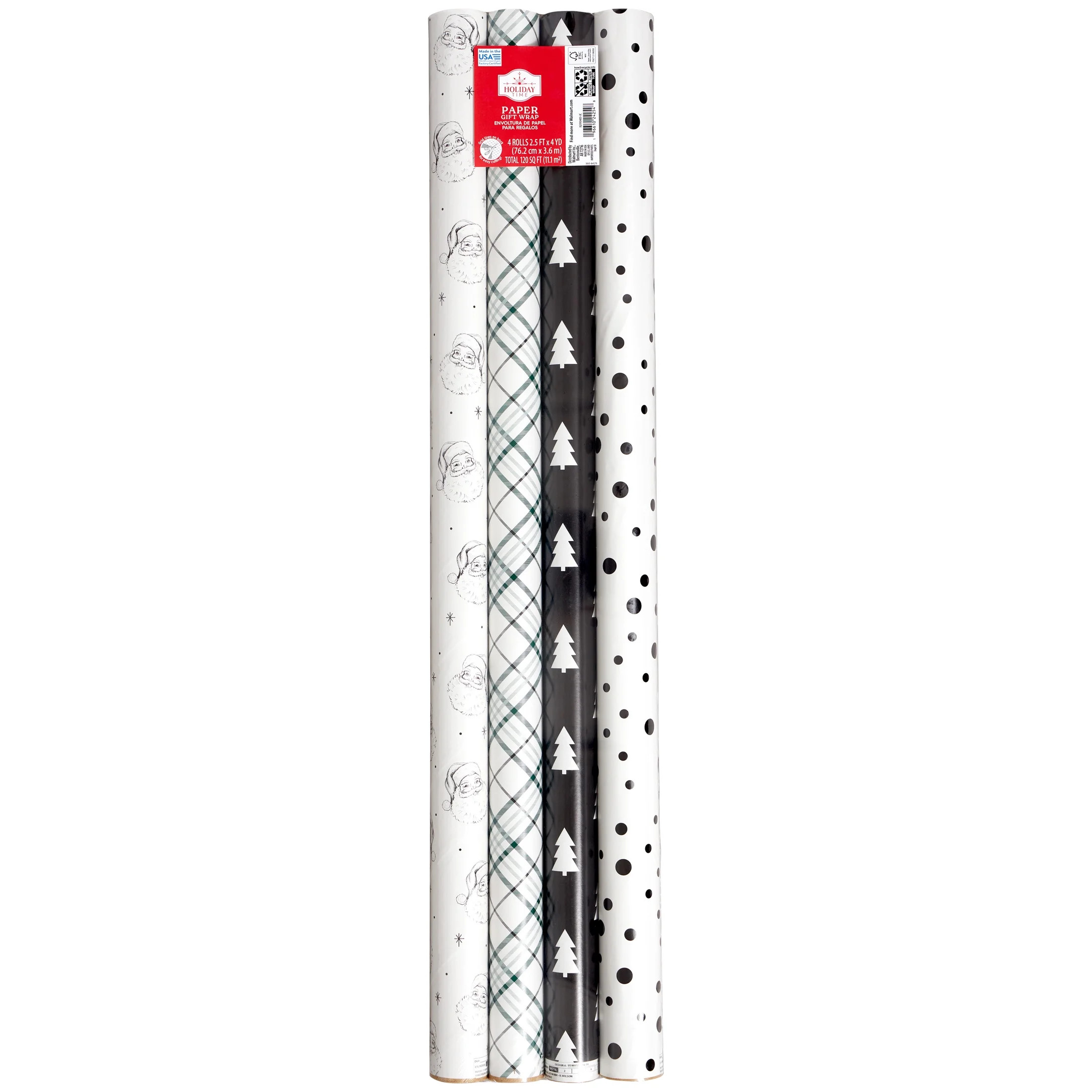Black and White Modern Print Christmas Paper Gift Wrap, 120 sq ft, 4 Count, by Holiday Time | Walmart (US)