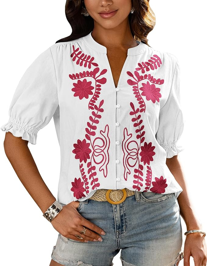 Amazon.com: BTFBM Women's 2026 Spring Tops Casual Floral Boho V Neck Puff Short Sleeve Button Dow... | Amazon (US)